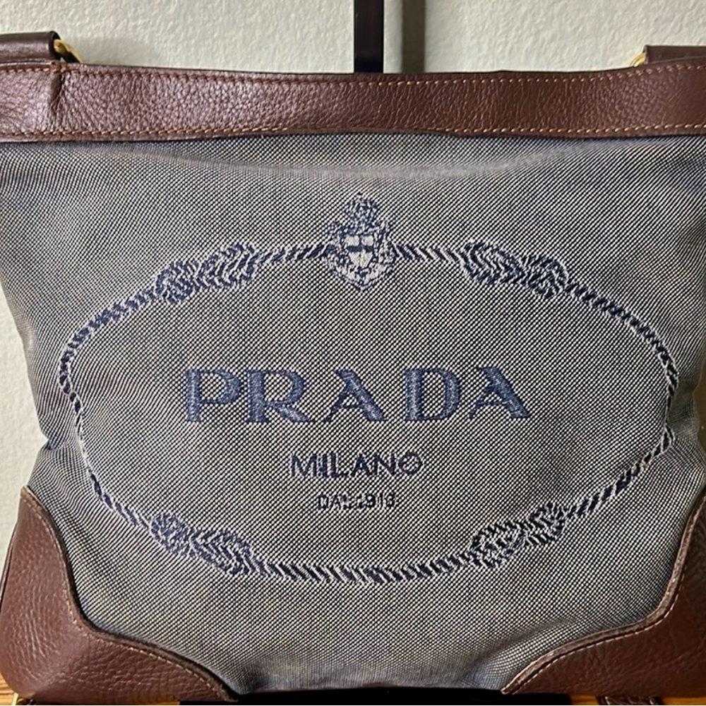 Prada Jacquard Denim Messenger Bag with Embroidered Logo and Leather Trim
